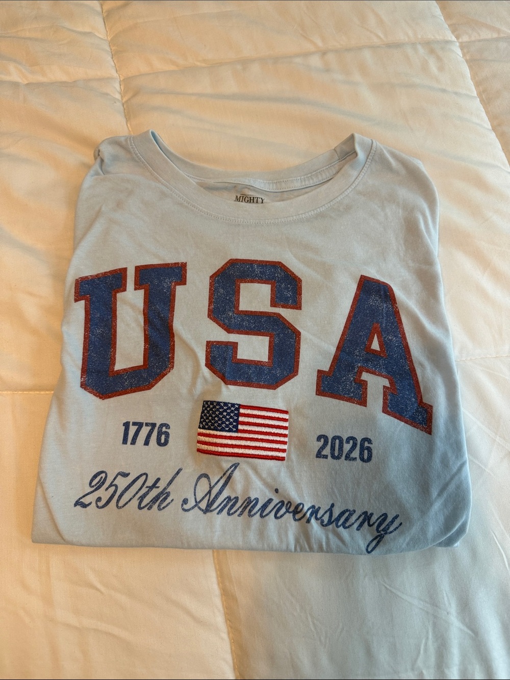 Mighty Fine White USA Graphic Short Sleeve Tee with Red & Blue small loose fit